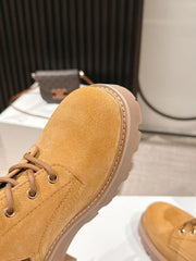 CELINE 25S HIGH HEELED LACE UP BOOTS 50MM IN DARK ORANGE SUEDE