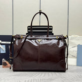 PRADA 25S BONNIE EXTRA-LARGE 42 IN DARK BROWN GLOSSY CALFSKIN GOLD HARDWARE