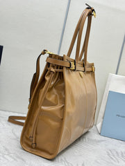 PRADA 25S LUX SOFT BAG 42 IN CARAMEL GLOSSY CALFSKIN GOLD HARDWARE