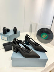 PRA STRAP CUT-OUT PUMPS BLACK SATIN