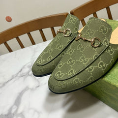 GG MULES IN MOSS GREEN FABRIC GOLD HARD WARE