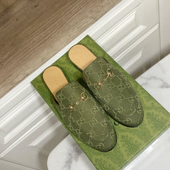 GG MULES IN MOSS GREEN FABRIC GOLD HARD WARE