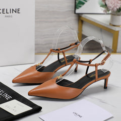 HIGH 5 CM SLINGBACK IN CINNAMON BROWN CALFSKIN WITH GOLD LOGO