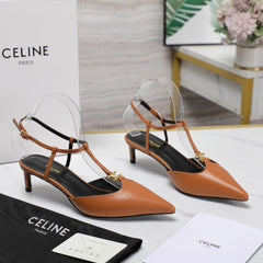 HIGH 5 CM SLINGBACK IN CINNAMON BROWN CALFSKIN WITH GOLD LOGO