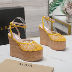 ALAIA WEDGE SANDAL IN YELLOW MESH AND BEIGE RUBBER