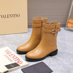 VALENTINO 25S FLAT ANKLE BOOTS IN LIGHT BROWN CALFSKIN