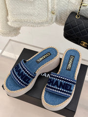 THICK SOLE WEDGE SLIPPERS IN CLASSIC BLUE DENIM FABRIC