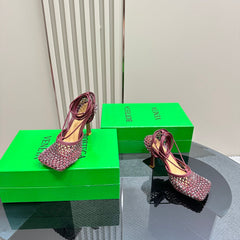 STRETCH HIGH HEELS 9 CM IN SANGRIA RED METALLIZE MESH AND LEATHER WITH CRYSTAL