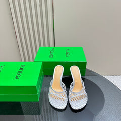 HIGH MULE 9 CM IN SILVER METALLIZE MESH AND LEATHER