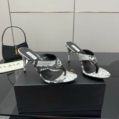 ALAIA HEELED THONG 25S IN WHITE AND BLACK LAMBSKIN SNAKE-EMBOSSED