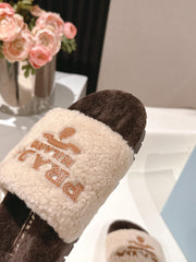 PRADA 25S FLAT MULES IN CREAM AND DARK BROWN RABBIT FUR