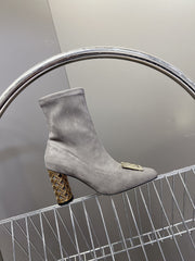 ICON HEELED ANKLE BOOT DOVE GRAY SUEDE 8 CM WITH GOLD LOGO