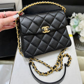25S CHANEL TOTE CROSSBODY BAG 19 IN BLACK CALFSKIN WITH METAL HANDLE