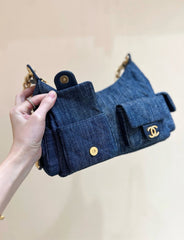 CHANEL 25S LARGE HOBO BAG 35 IN DARK BLUE DENIM GOLD HARDWARE
