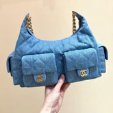 CHANEL 25S LARGE HOBO BAG 35 IN LIGHT BLUE DENIM GOLD HARDWARE