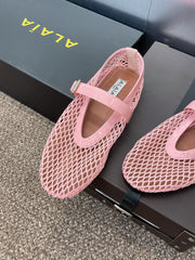 ALAIA MARY JANE FLAT 25S IN LIGHT PINK MESH CALFSKIN