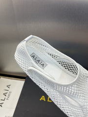 ALAIA MESH MARY JANE BALLET FLATS 25S IN WHITE FABRIC