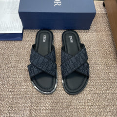 DIOR 25S ALIAS CROSS-STRAP SLIDES IN BLACK CALFSKIN WITH CD OBLIQUE DARK BLUE LOGO
