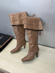 YSL 25S HIGH‑HEEL FRINGED MARTIN BOOTS 90 MM IN CHESTNUT BROWN LAMBSKIN