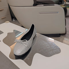 RHINESTONE BALLET FLATS WITH BOW IN METALLIC SILVER SHEEPSKIN
