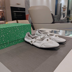 STUDDED MARY JANE FLATS IN WHITE SHINY LAMBSKIN