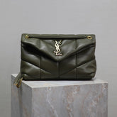 YSL 25S LOULOU PUFFER MM 29 IN DARK OLIVE CALFSKIN GOLD HARDWRE
