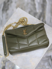 YSL 25S LOULOU PUFFER MINI 23 IN DARK OLIVE CALFSKIN GOLD HARDWARE