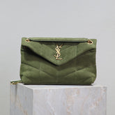 YSL 25S LOULOU PUFFER MM 29 IN GREEN SUEDE GOLD HARDWRE
