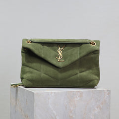 YSL 25S LOULOU PUFFER MM 29 IN GREEN SUEDE GOLD HARDWRE