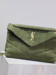YSL 25S LOULOU PUFFER MM 29 IN GREEN SUEDE GOLD HARDWRE