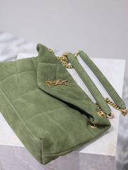 YSL 25S LOULOU PUFFER MM 29 IN GREEN SUEDE GOLD HARDWRE