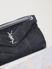 YSL 25S LOULOU PUFFER GM 35 IN BLACK SUEDE SILVER HARDWARE