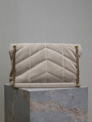 YSL 25S LOULOU PUFFER GM 35 IN SMOKEY TAUPE SUEDE GOLD HARDWRE