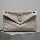 YSL 25S LOULOU PUFFER MM 29 IN SMOKEY TAUPE SUEDE GOLD HARDWARE
