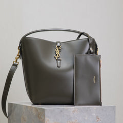 YSL 25S LE 5 À 7 BUCKET 26 IN DARK OLIVE CALFSKIN GOLD HARDWARE