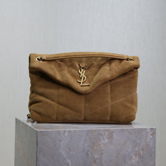 YSL 25S LOULOU PUFFER MM 29 IN TAN BROWN SUEDE GOLD HARDWRE
