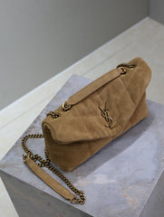 YSL 25S LOULOU PUFFER MINI 23 IN TAN BROWN SUEDE GOLD HARDWARE