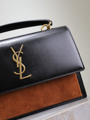 YSL 25S SUNSET MM 25 IN BLACK CALFSKIN AND CARAMEL SUEDE GOLD HARDWARE