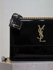 YSL 25S SUNSET MEDIUM 22 IN BLACK SHINY CALFSKIN GOLD HARDWARE