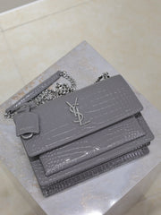YSL 25S SUNSET MEDIUM 22 IN DARK GRAY CROCODILE-EMBOSSED SHINY CALFSKIN SILVER HARDWARE