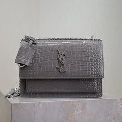 YSL 25S SUNSET MEDIUM 22 IN DARK GRAY CROCODILE-EMBOSSED SHINY CALFSKIN SILVER HARDWRE
