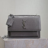 YSL 25S SUNSET MEDIUM 22 IN DARK GRAY CROCODILE-EMBOSSED SHINY CALFSKIN SILVER HARDWARE