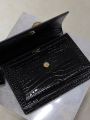 YSL 25S SUNSET MEDIUM 22 IN BLACK CROCODILE-EMBOSSED SHINY CALFSKIN GOLD HARDWARE