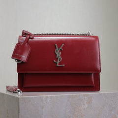 YSL 25S SUNSET BAG 22 IN CRIMSON RED CALFSKIN SILVER HARDWRE