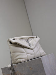 YSL 25S LOULOU PUFFER MM 29 IN SMOKEY TAUPE CALFSKIN SILVER HARDWARE