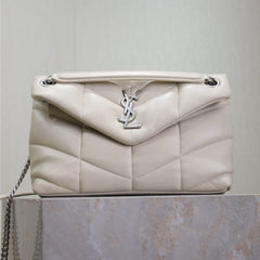YSL 25S LOULOU PUFFER MM 29 IN SMOKEY TAUPE CALFSKIN SILVER HARDWARE
