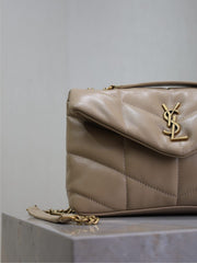YSL 25S LOULOU PUFFER MINI 23 IN BROWN CALFSKIN GOLD HARDWRE