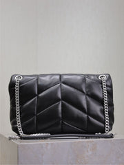 YSL 25S LOULOU PUFFER MM 29 IN BLACK CALFSKIN SILVER HARDWARE