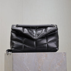 YSL 25S LOULOU PUFFER MM 29 IN BLACK CALFSKIN SILVER HARDWRE