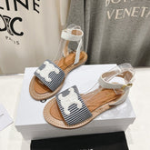 LYMPIA SANDAL IN TRIOMPHE MACCRAMÉ COTTON & CALFSKIN OFF WHITE / NAVY